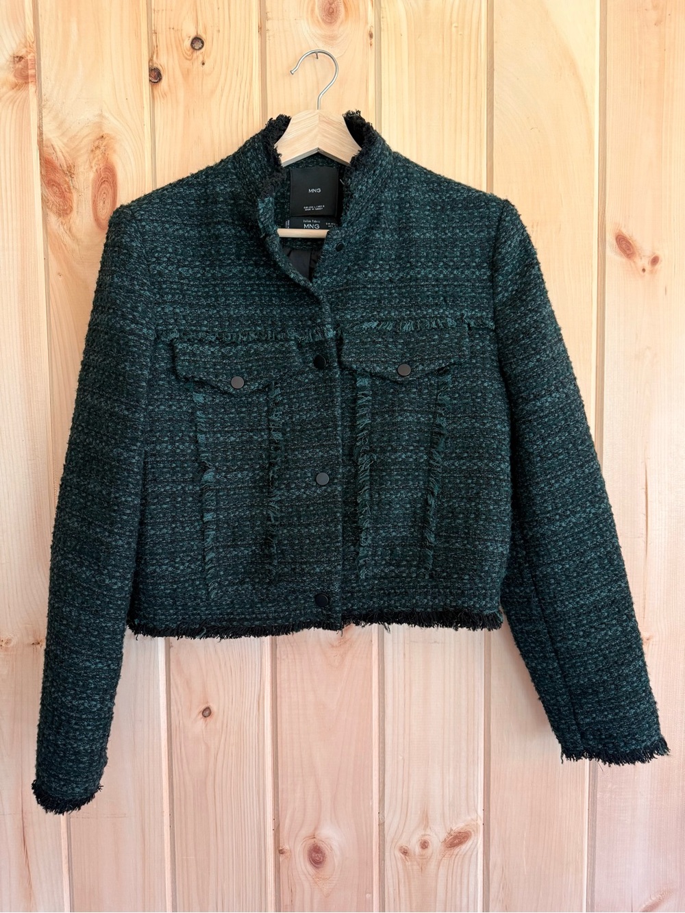 MNG Mango Dark Green Italian Fabric Tweed Fringe Cropped Jacket Size L